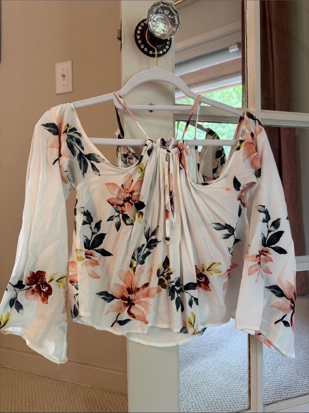 Forever 21 White Floral Off-Shoulder Tie-Front Bell Sleeve Blouse